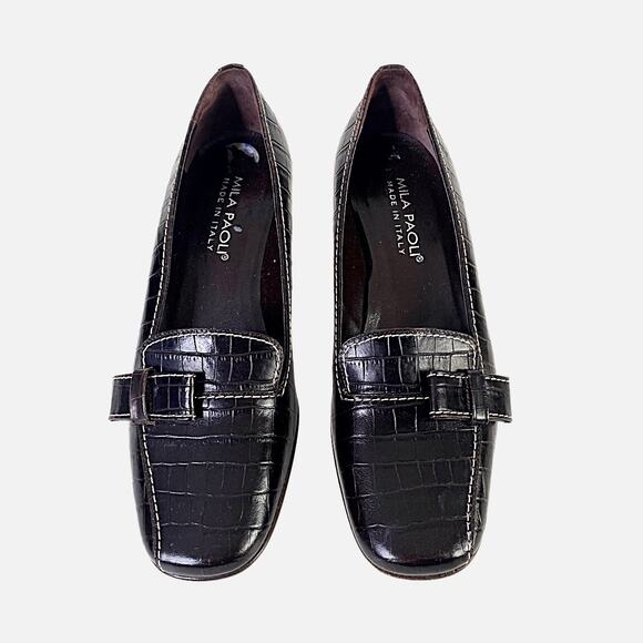 VTG Mia Paoli Expresso Brown Leather Texture Slip On Kitten Heel Loafers Sz 6.5 - Picture 1 of 9